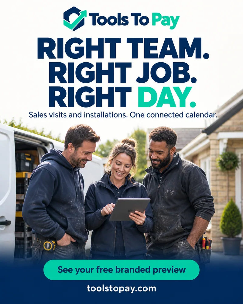 Tools to Pay: Right team. Right job. Right day. Three tradespeople plan work together on a tablet. Sales visits and installations in one connected calendar. See your free branded preview.